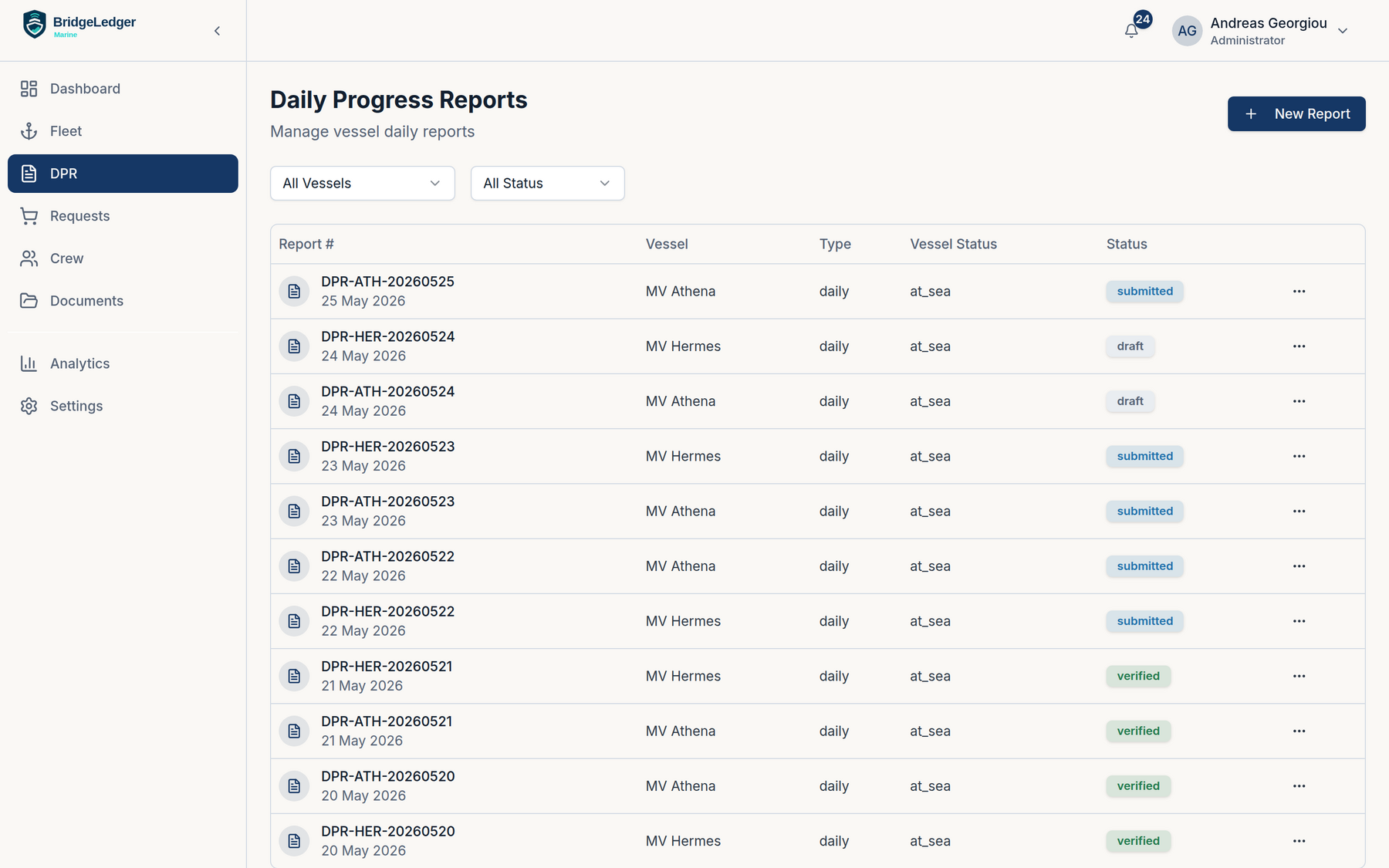DPR list — table of daily progress reports per vessel with submitted, draft, and verified status chips