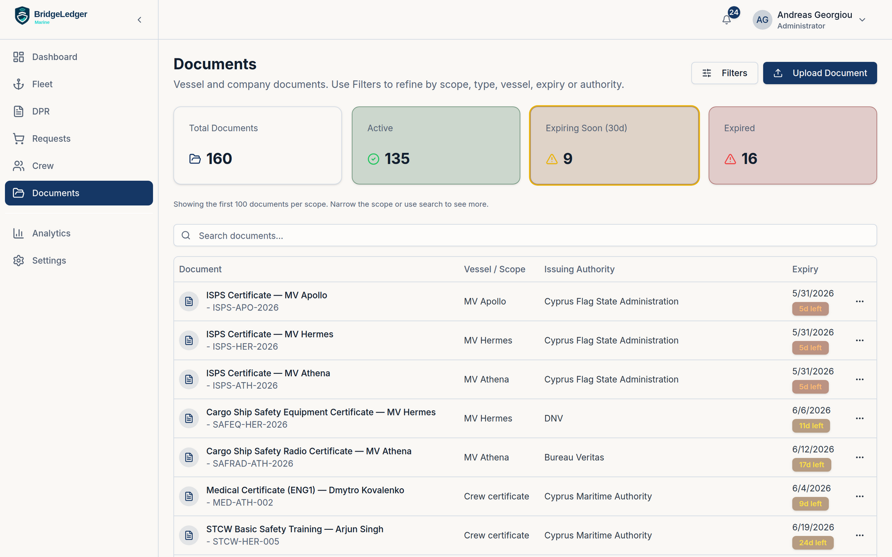 Documents — Total, Active, Expiring Soon (30 days), Expired KPIs above a table of vessel certificates with days-left chips