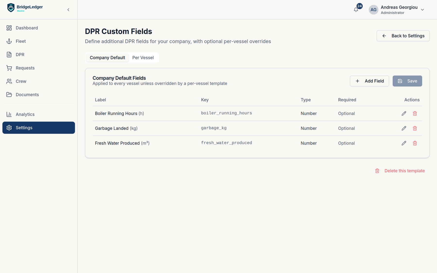 DPR Custom Fields — configurable DPR template with per-vessel overrides